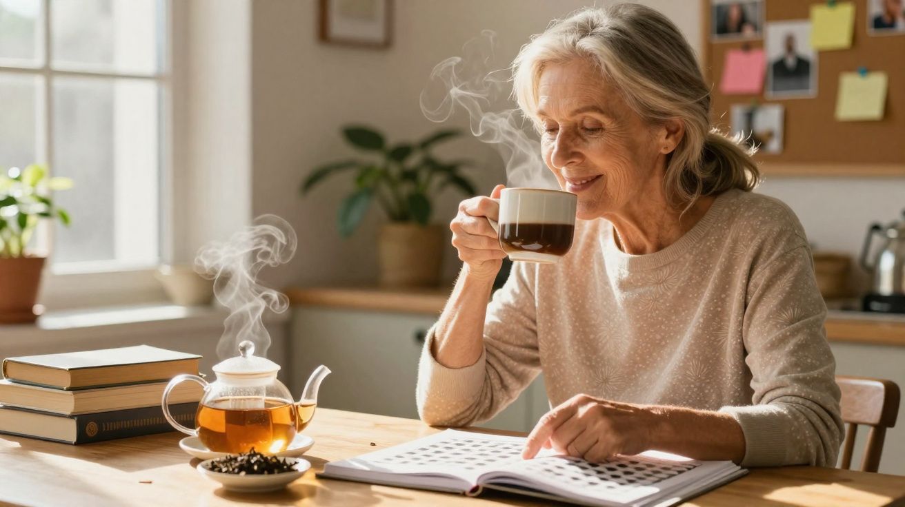 Mulher sénior a beber chá enquanto lê um livro numa cozinha iluminada e acolhedora.