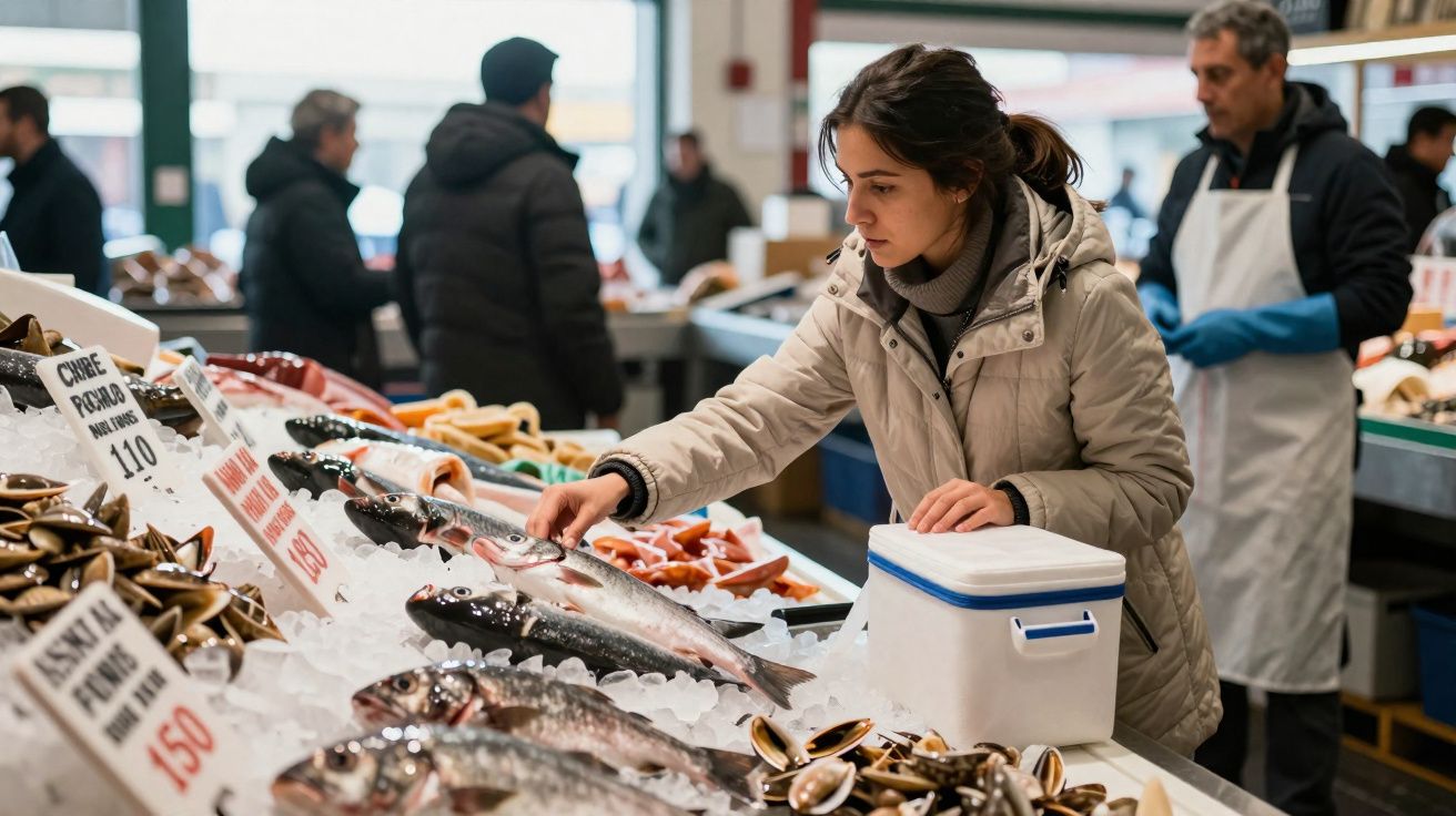 Mulher a escolher peixe fresco num mercado de peixe com várias espécies em gelo e vendedores ao fundo.