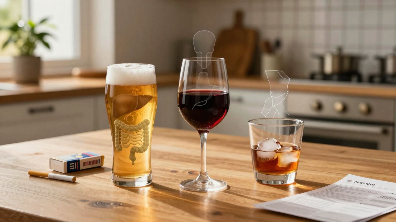 Três copos com diferentes bebidas representando o impacto no fígado e sistema digestivo sobre uma mesa de cozinha.