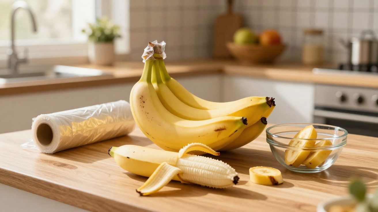 Cacho de bananas, banana descascada e fatias num copo, em bancada de cozinha com rolo de plástico.