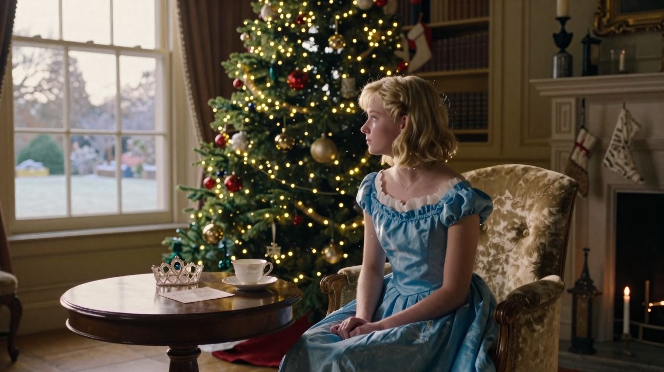 Jovem de vestido azul sentada em cadeira vintage junto a árvore de Natal iluminada numa sala acolhedora.