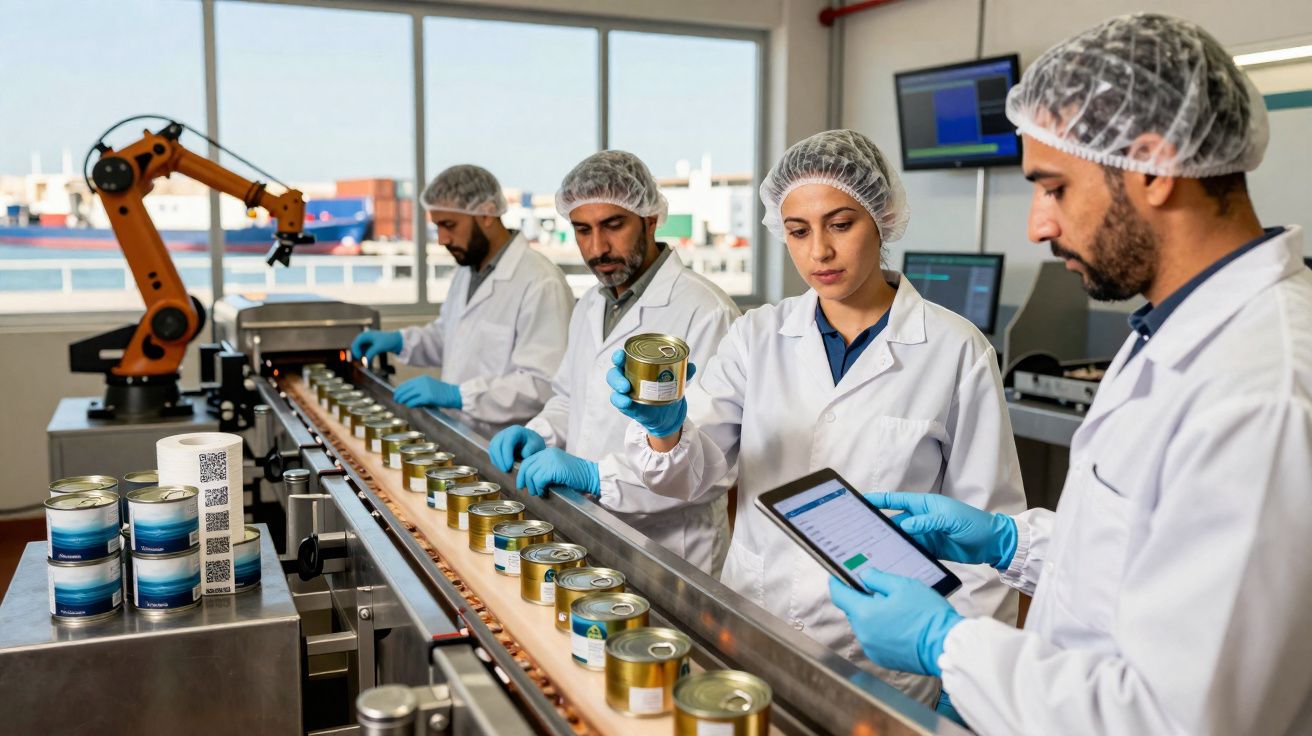 Três trabalhadores com batas e toucas inspecionam latas numa linha de produção numa fábrica moderna.