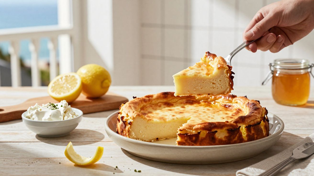 Fatia de tarte cremosa a ser servida, com limões, queijo fresco e mel no fundo sobre mesa de madeira clara.