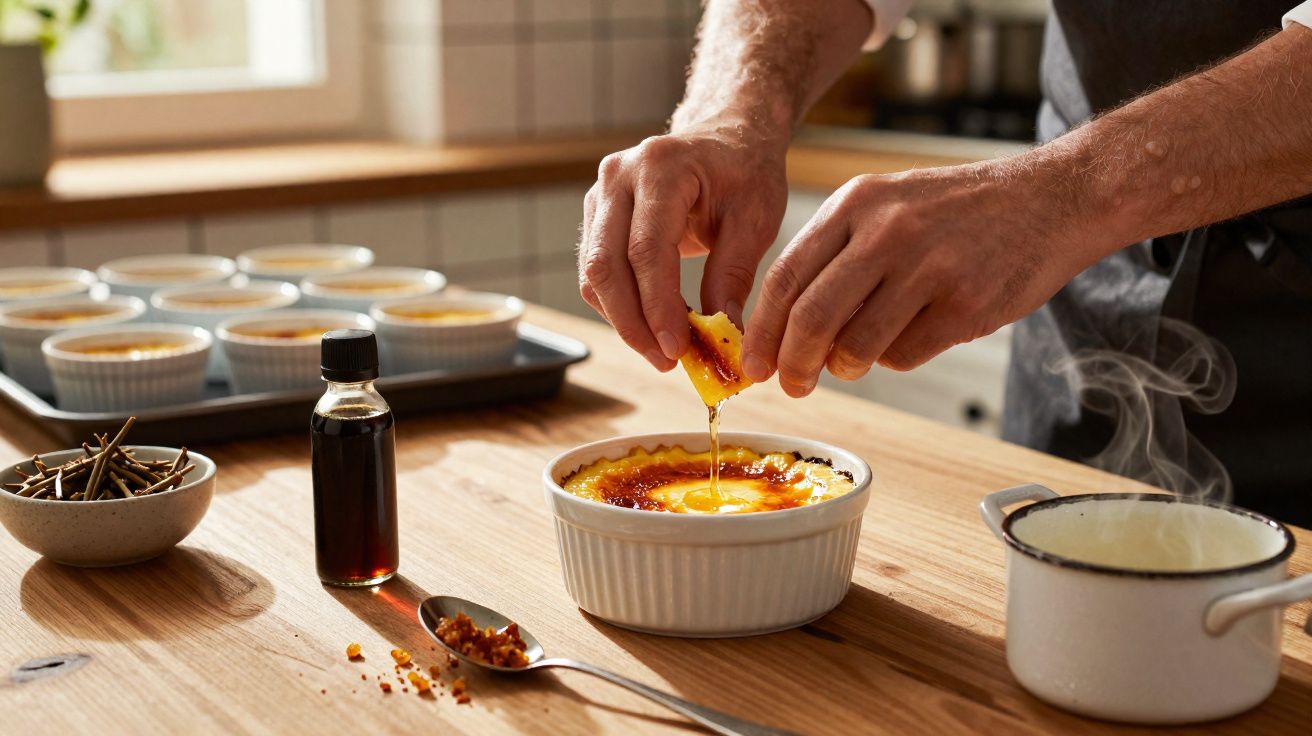 Mãos a preparar creme brûlée com caramelo, com utensílios e ingredientes numa bancada de madeira iluminada.