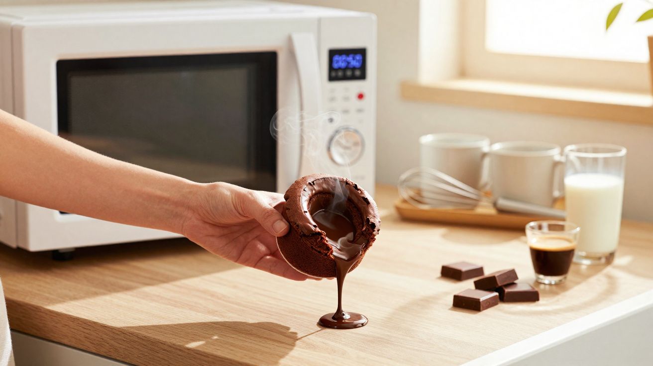Pessoa segurando bolo de chocolate quente com recheio a escorrer numa cozinha com micro-ondas e ingredientes.