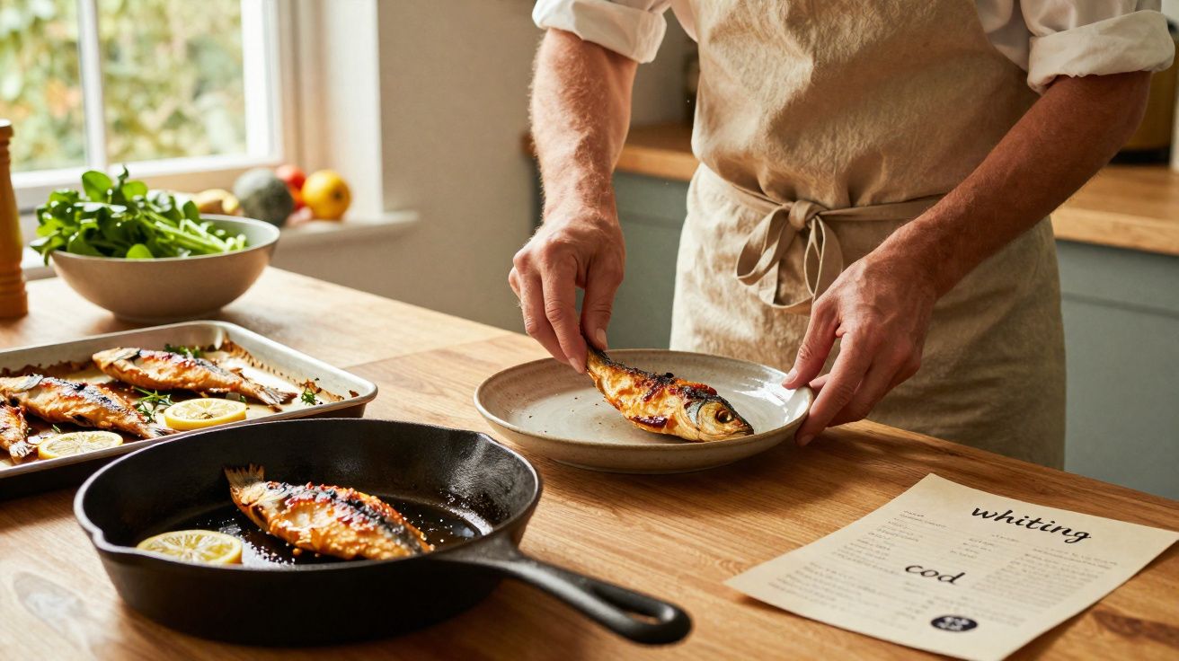 Pessoa a preparar peixe grelhado com limão num prato numa cozinha com ingredientes frescos na bancada.