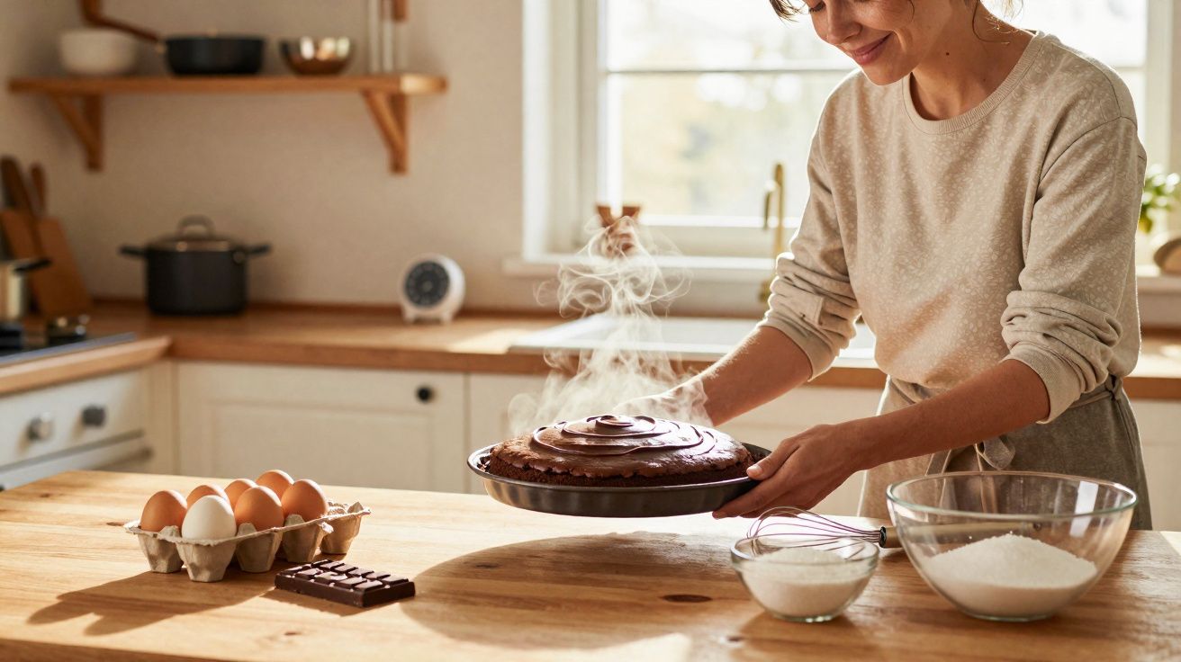Mulher a retirar bolo de chocolate fumegante do forno numa cozinha luminosa e acolhedora.