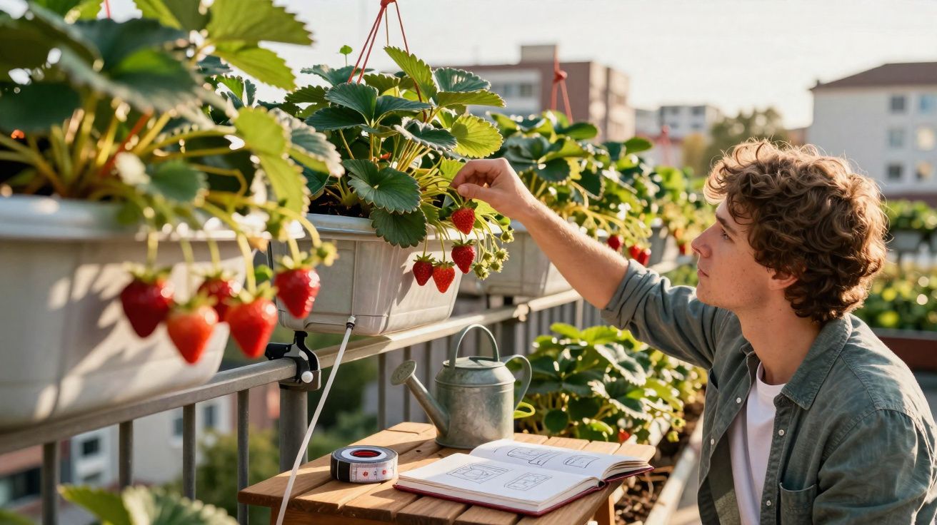 Jovem colhe morangos em floreiras num jardim urbano enquanto consulta caderno aberto numa mesa.