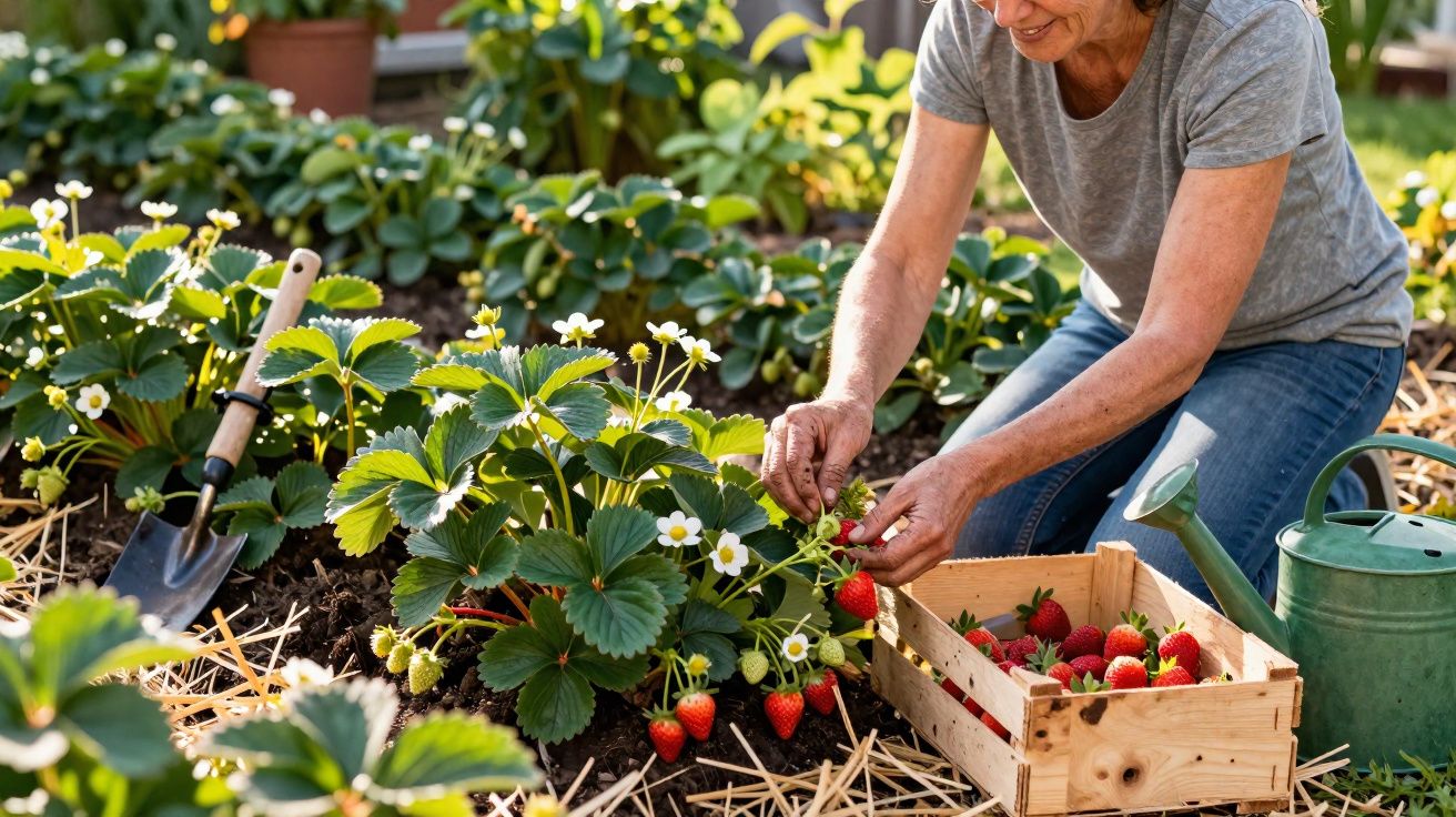 Mulher a colher morangos maduros num jardim, com regador e caixa de madeira ao lado.