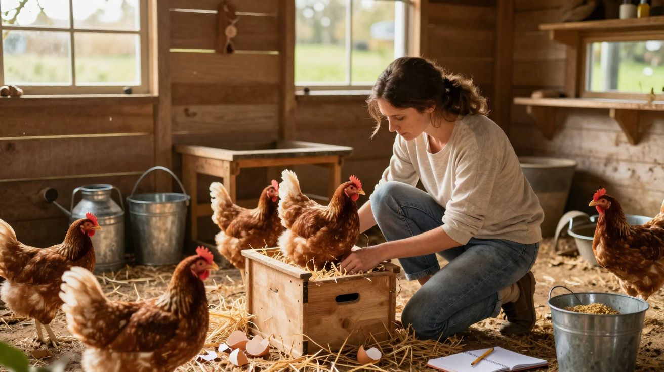Mulher a cuidar de galinhas e ovos numa criação com palha dentro de um galinheiro rústico.