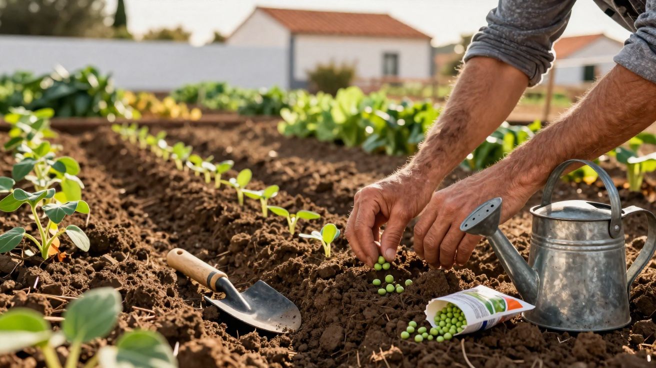 Mãos a semear ervilhas num canteiro de terra preparado, ao lado de regador e pequenas plantas crescidas.
