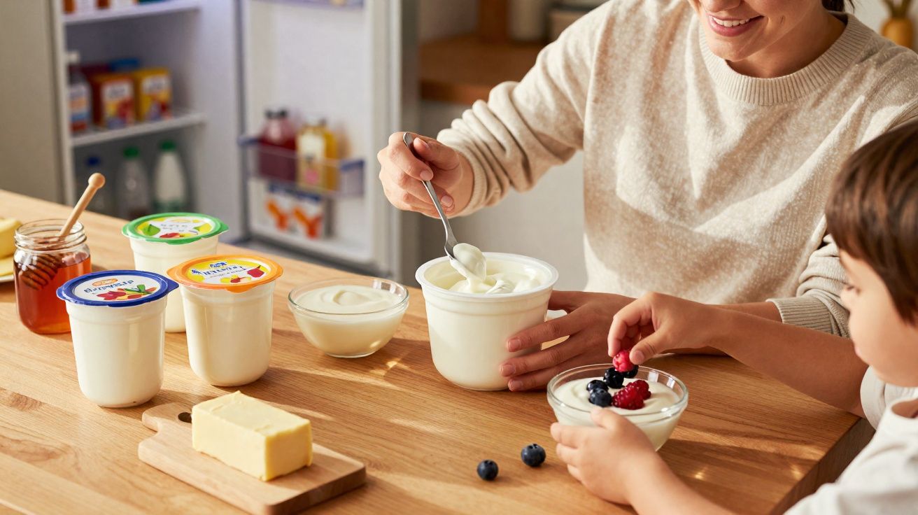 Adulto e criança a preparar iogurtes naturais com frutos vermelhos numa mesa de madeira.