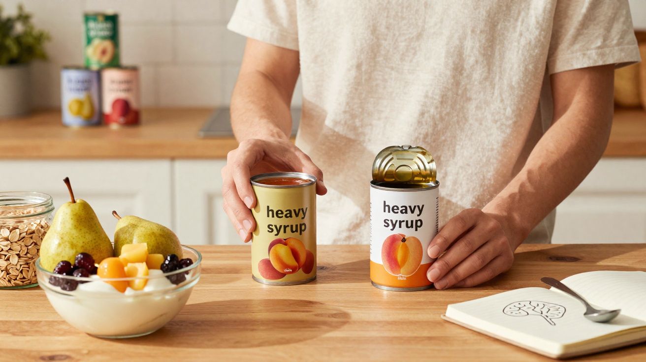 Pessoa segura duas latas de pêssegos em calda numa cozinha com frutas e iogurte na bancada.