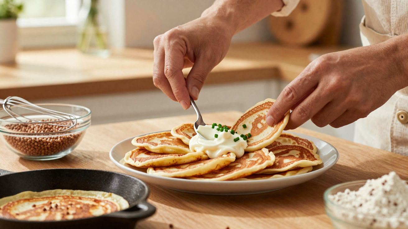 Mãos a colocar natas e cebolinho sobre panquecas numa cozinha com taças de ingredientes ao redor.