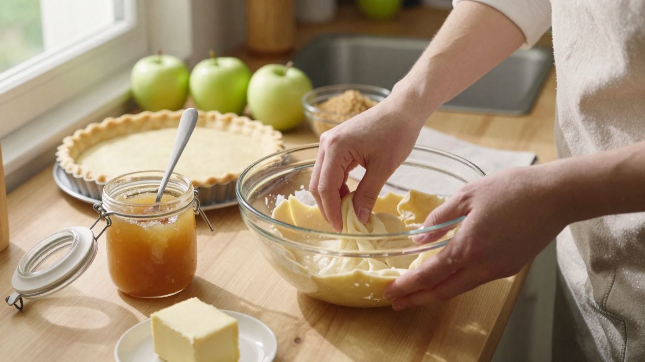 Pessoa a preparar massa numa taça de vidro para rechear uma tarte na cozinha com ingredientes à volta.