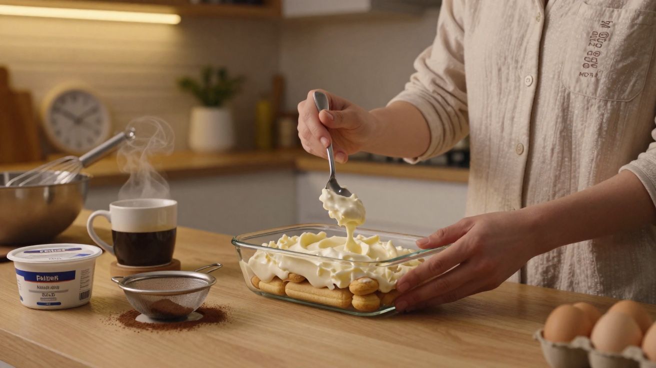 Pessoa a preparar sobremesa com creme e bolachas numa cozinha acolhedora, com café e ovos ao lado.