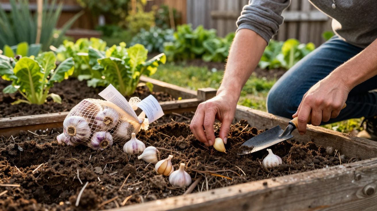 Pessoa a plantar dentes de alho num canteiro de terra num jardim caseiro.