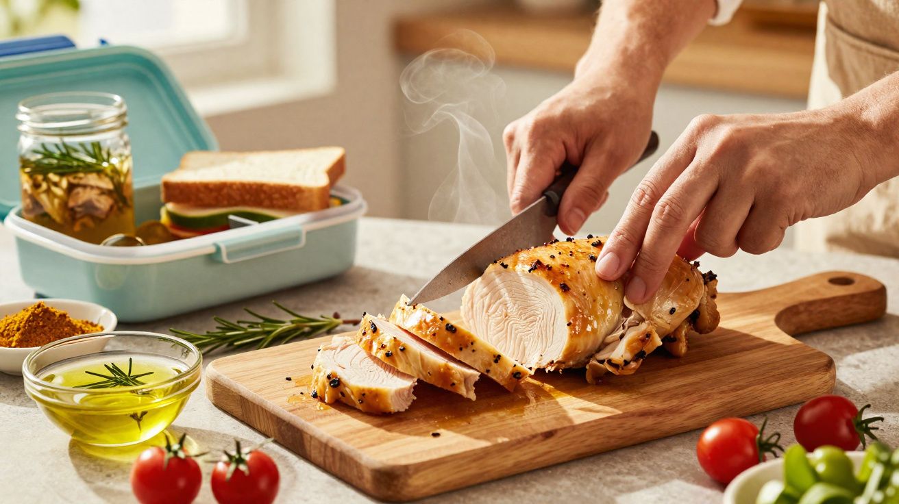 Pessoa a cortar peito de frango quente temperado numa tábua de madeira numa cozinha bem iluminada.