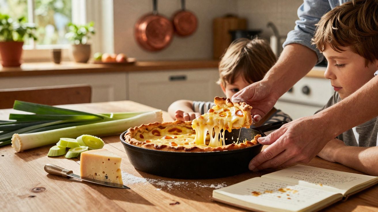 Adulto a servir uma fatia de torta de queijo derretido enquanto duas crianças observam numa cozinha acolhedora.
