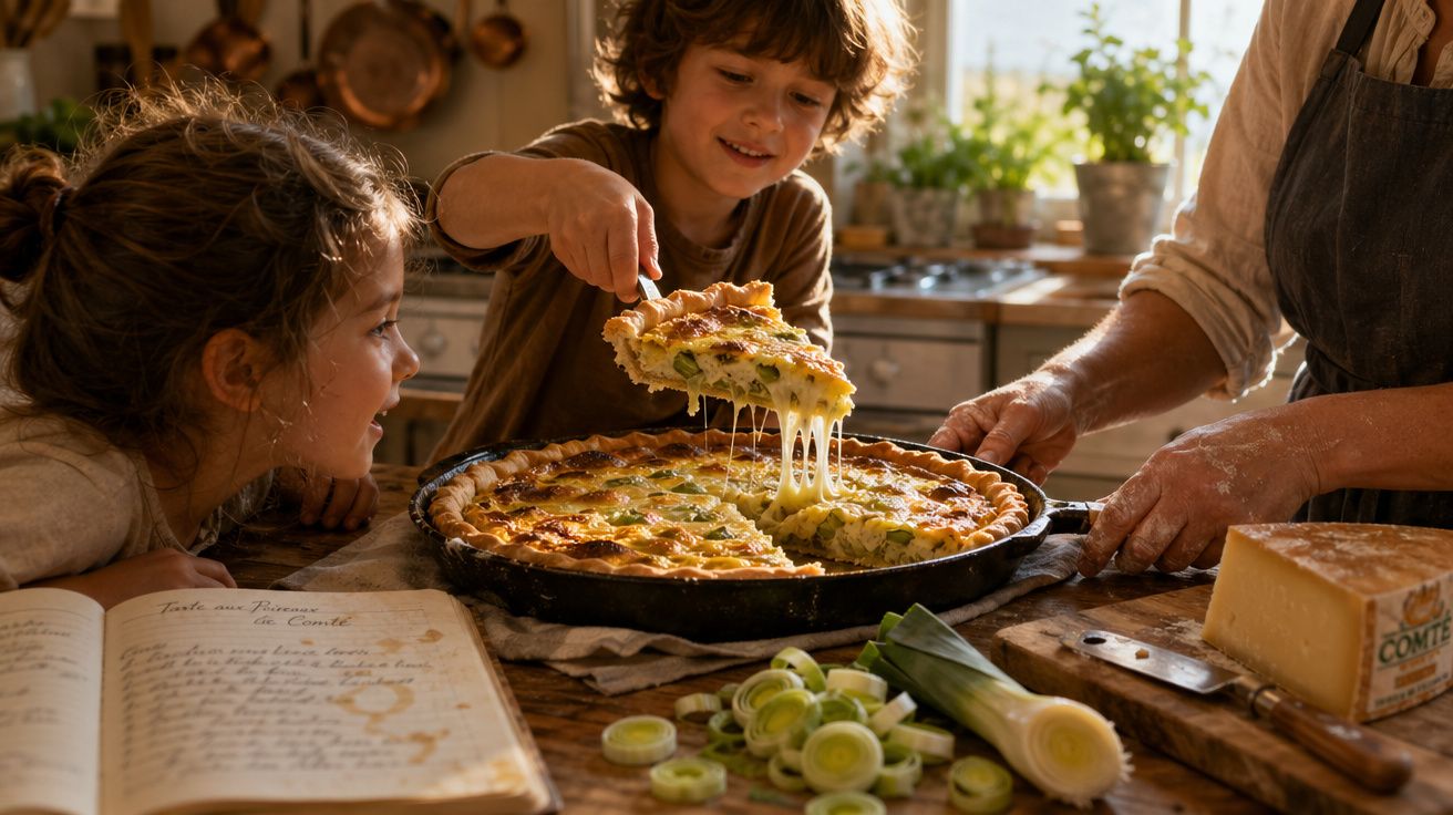 Crianças e adulto a tirar fatia de quiche numa cozinha acolhedora com alho-francês e queijo visíveis.