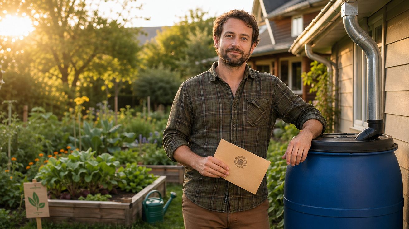 Homem com camisa xadrez junto a um barril azul no jardim com plantas e sol ao fundo.