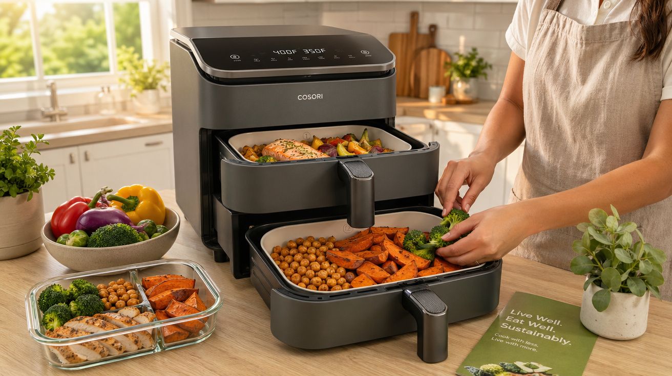 Pessoa a preparar legumes e grão numa fritadeira de ar dupla em cozinha luminosa e moderna.