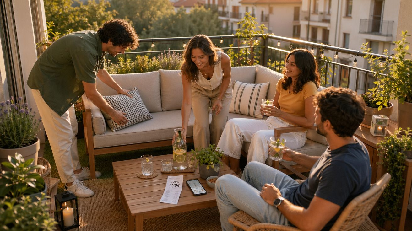 Quatro amigos estão numa varanda decorada, desfrutando de bebidas e de um ambiente acolhedor ao pôr do sol.