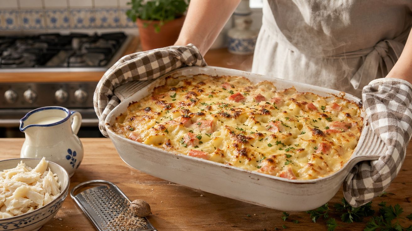 Pessoa a segurar tabuleiro com gratinado de macarrão, queijo e ervas numa cozinha rústica.